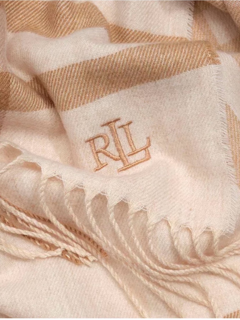 Ralph Lauren Blush and Camel Logo Fringe Scarf
